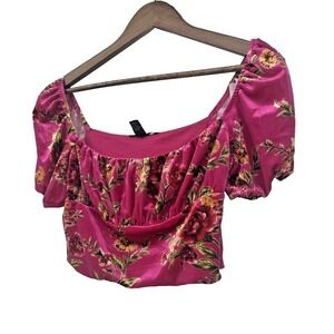 Forever 21 Pink Floral velvet crop top festival puff sleeve coquette romantic M
